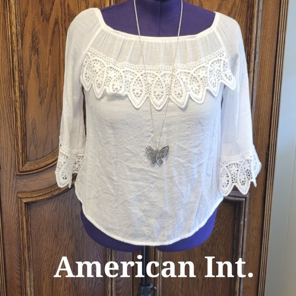 American Int. White lacy 3/4 sleeve off shoulder semi sheer embroidered blouse.M - Picture 1 of 5